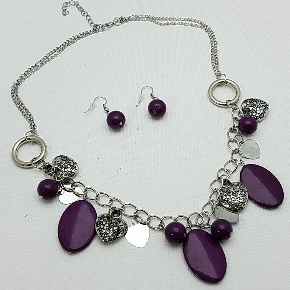 Purple Beads Silver Hearts 18" Necklace & Earrings
